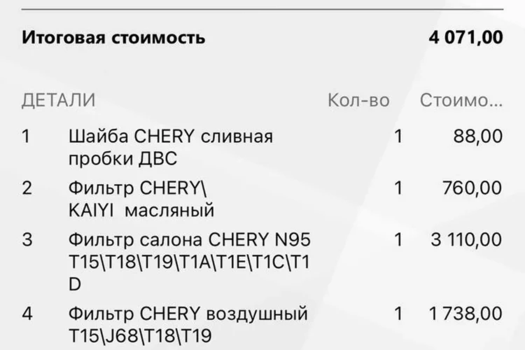 Список работ по ТО-2 в приложении со стоимостью 4 071 рубль