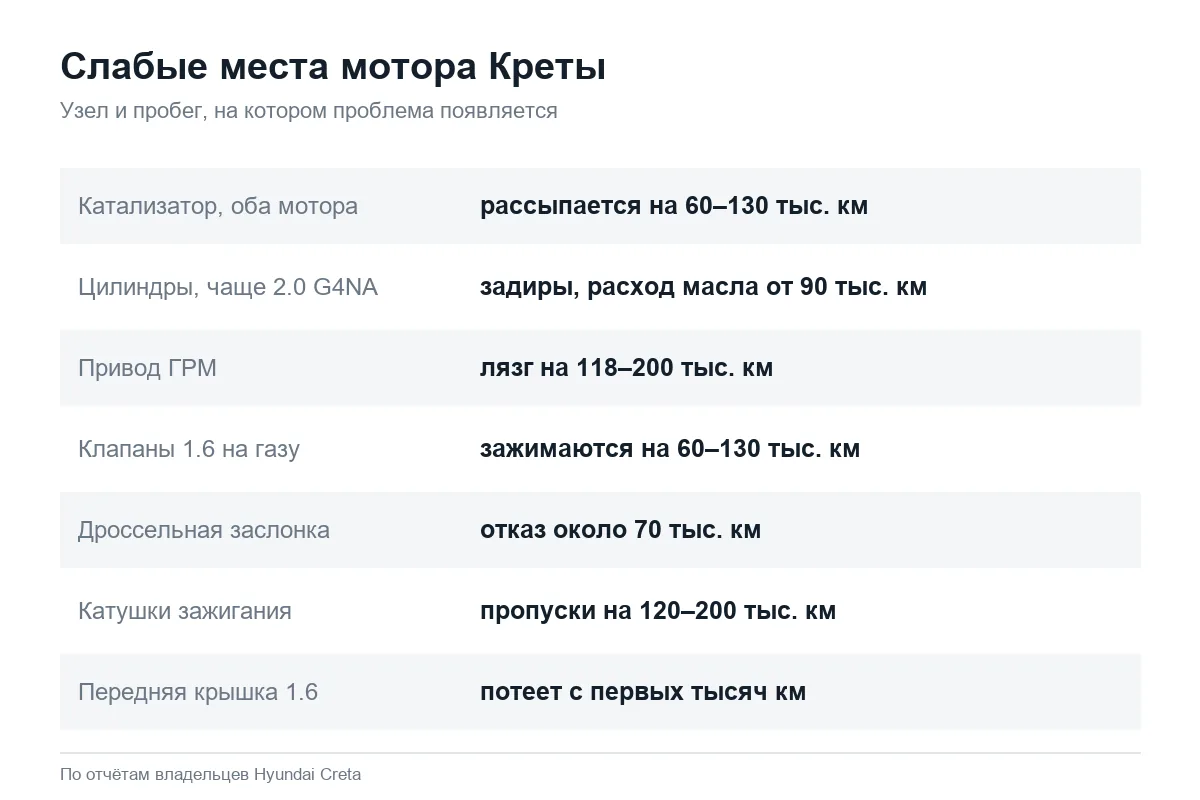 Болячки двигателя Hyundai Creta по пробегам