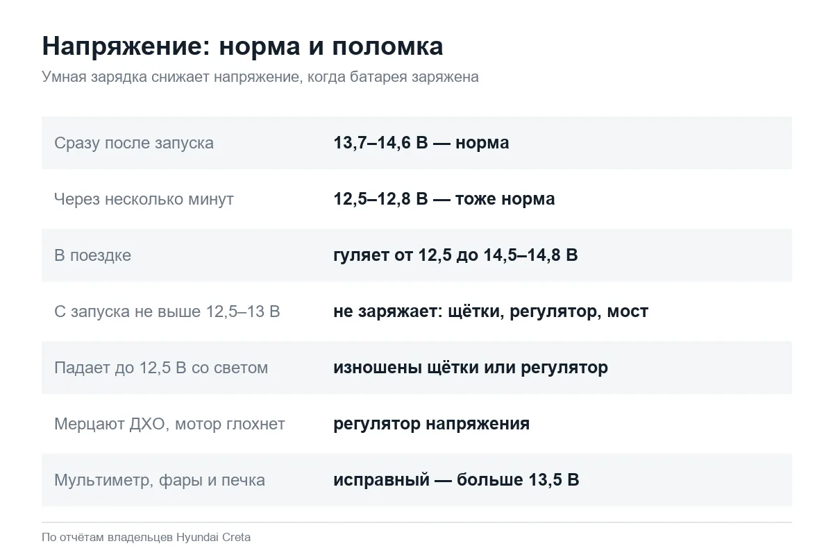 Нормальное напряжение генератора Hyundai Creta и признаки поломки