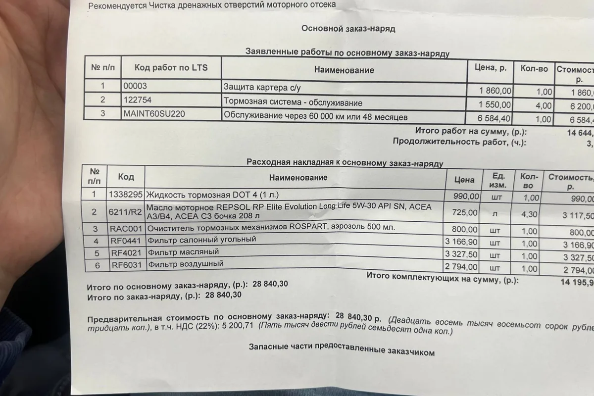 Заказ-наряд дилера на ТО-60 Hyundai Creta 2 с ценами