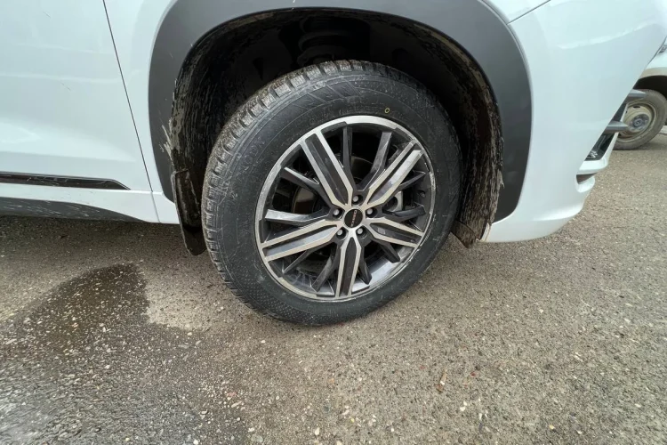 Переднее колесо белого Exeed LX на зимней шине 235/55 R19