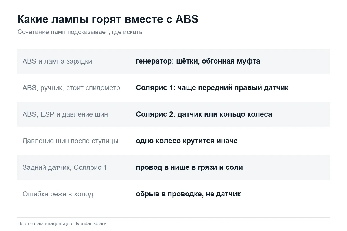 Лампа ABS вместе с другими лампами на Hyundai Solaris