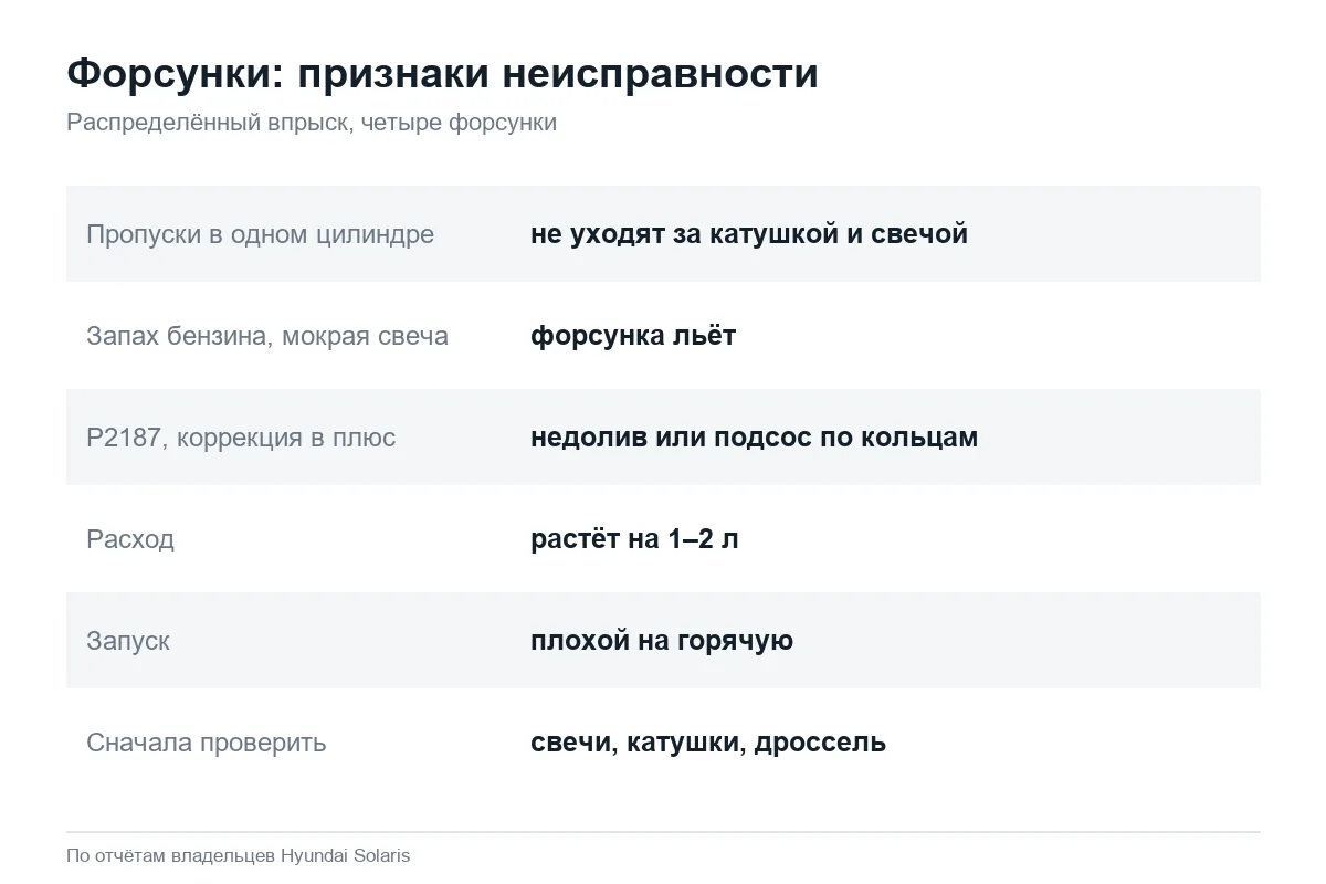Признаки неисправных форсунок двигателя Hyundai Solaris