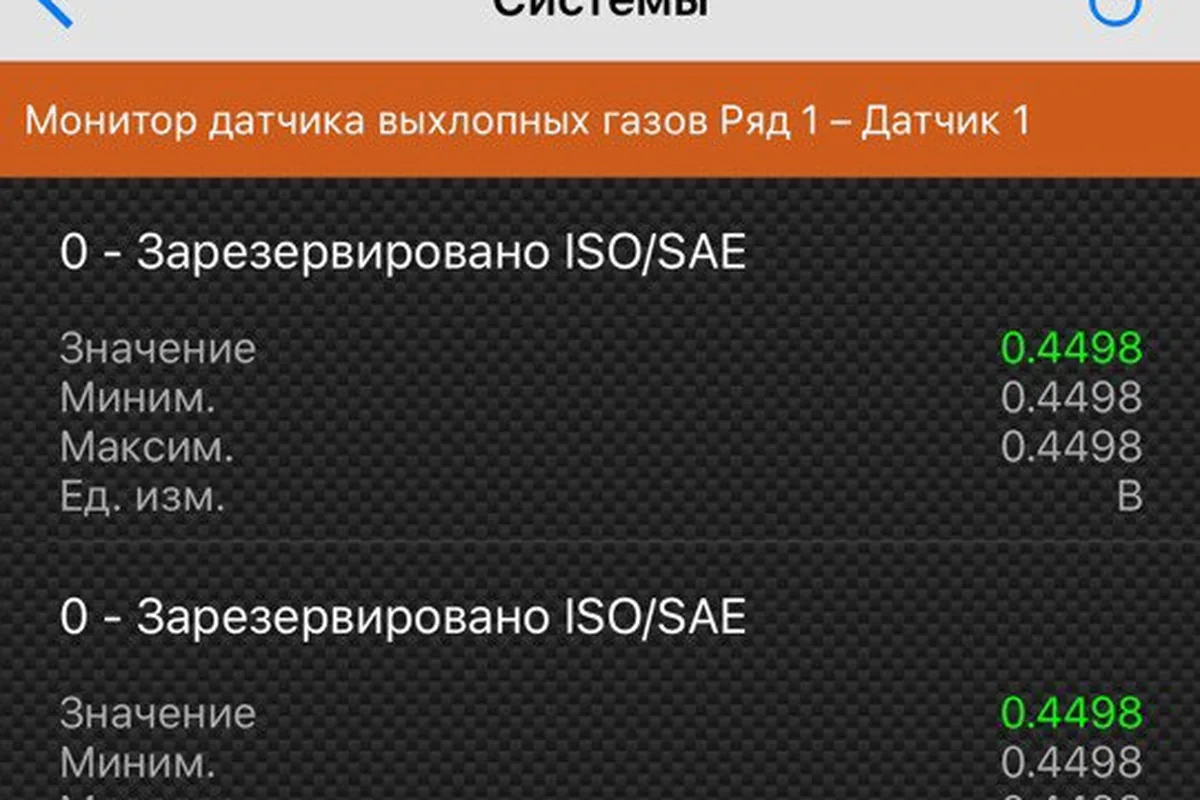Экран монитора датчика кислорода в приложении OBD