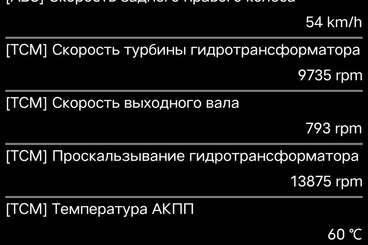 Данные блока АКПП Kia Ceed на экране сканера