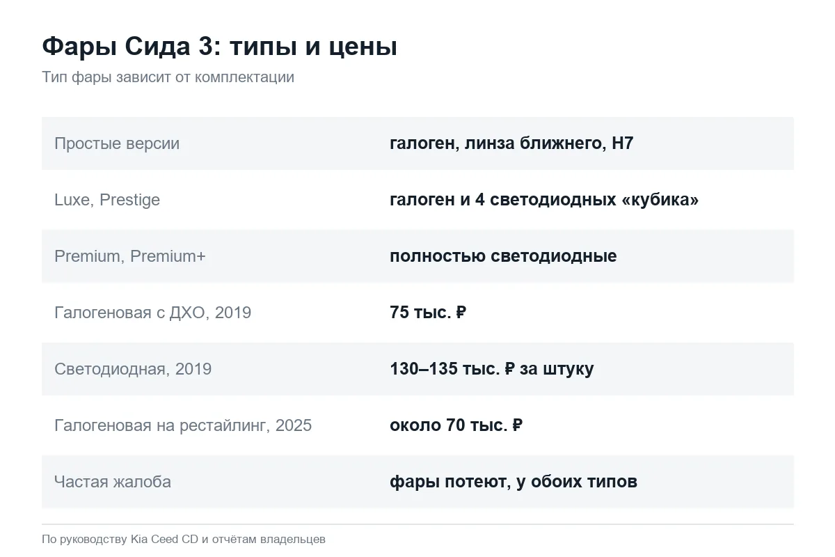 Типы и цены фар Kia Ceed CD