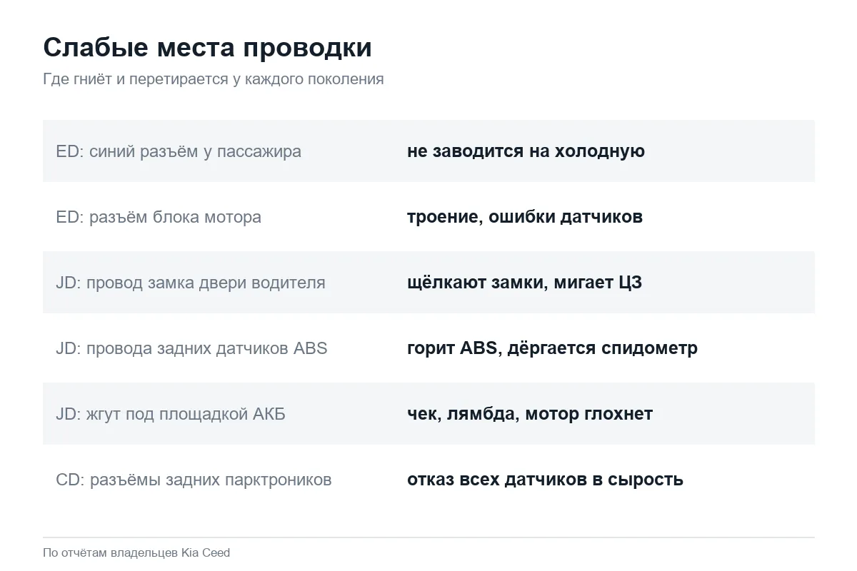 Где гниёт и перетирается проводка Kia Ceed ED, JD и CD
