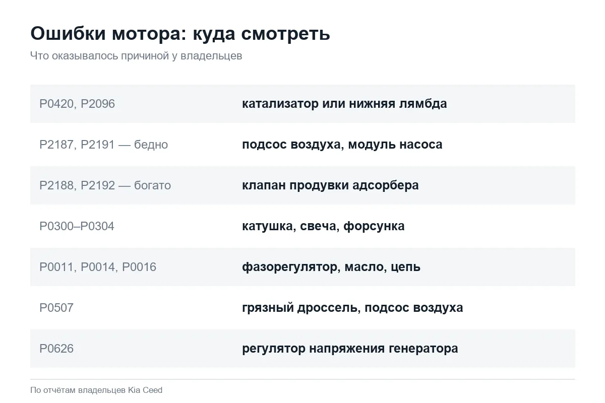 Частые коды ошибок двигателя Kia Ceed и их причины