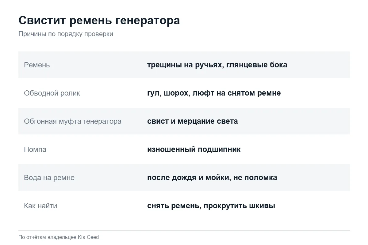 Почему свистит ремень генератора на Kia Ceed