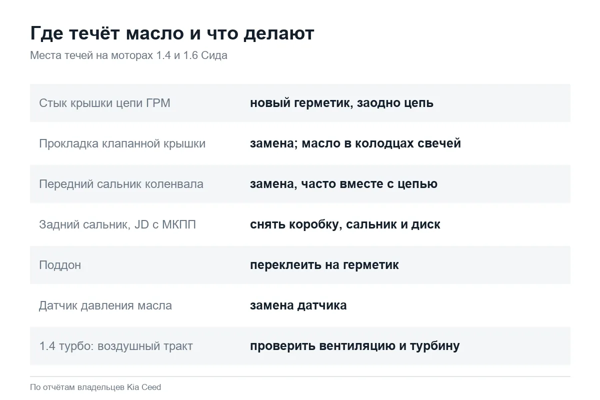 Где течёт масло на двигателе Kia Ceed и как это устраняют