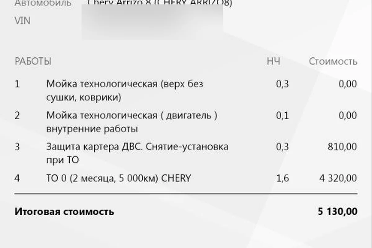Заказ-наряд ТО-0 Chery Arrizo 8 с маслом Exeed 5W-30