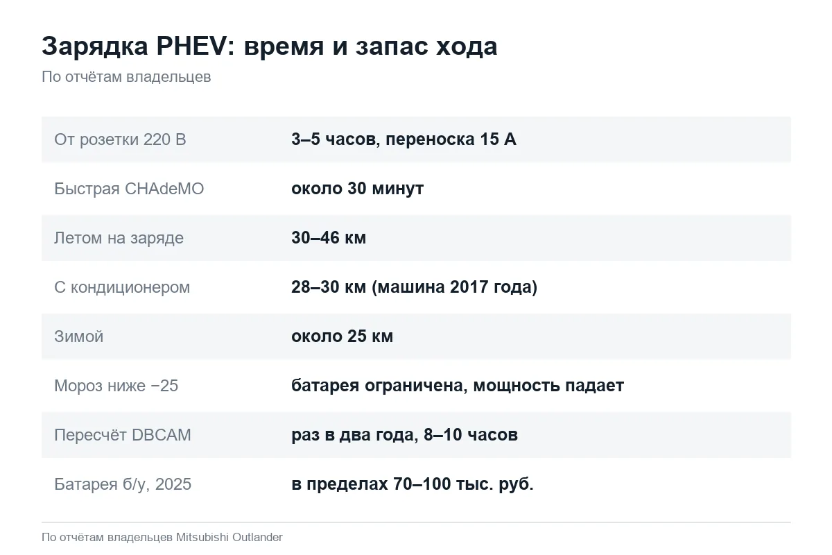 Зарядка и запас хода Mitsubishi Outlander 3 PHEV летом и зимой
