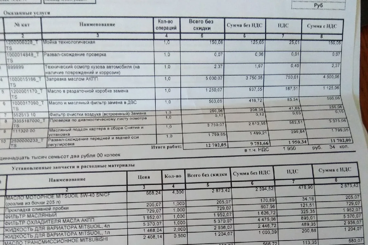 Заказ-наряд дилера на ТО Mitsubishi Outlander 3 2012 года