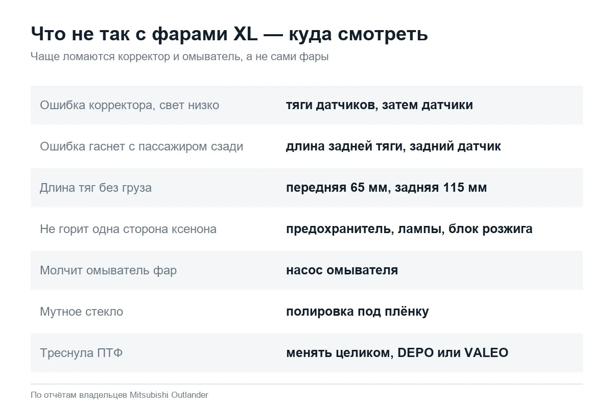 Неисправности фар Mitsubishi Outlander XL: корректор, омыватель, стекло