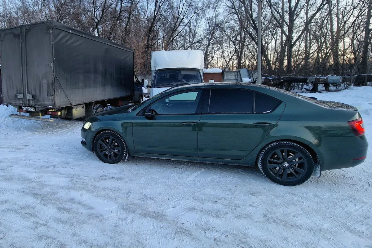 Зелёная Skoda Octavia A7 зимой на стоянке
