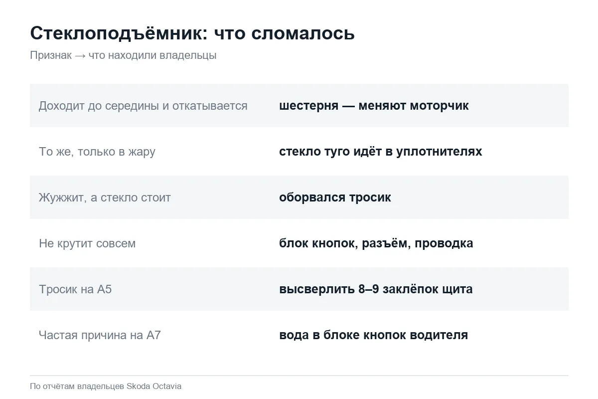 Неисправности стеклоподъёмника Шкода Октавия А5 и А7