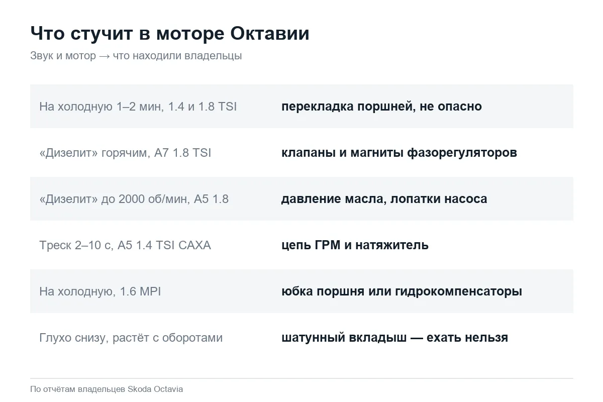 Причины стука двигателя Шкода Октавия по звуку и мотору