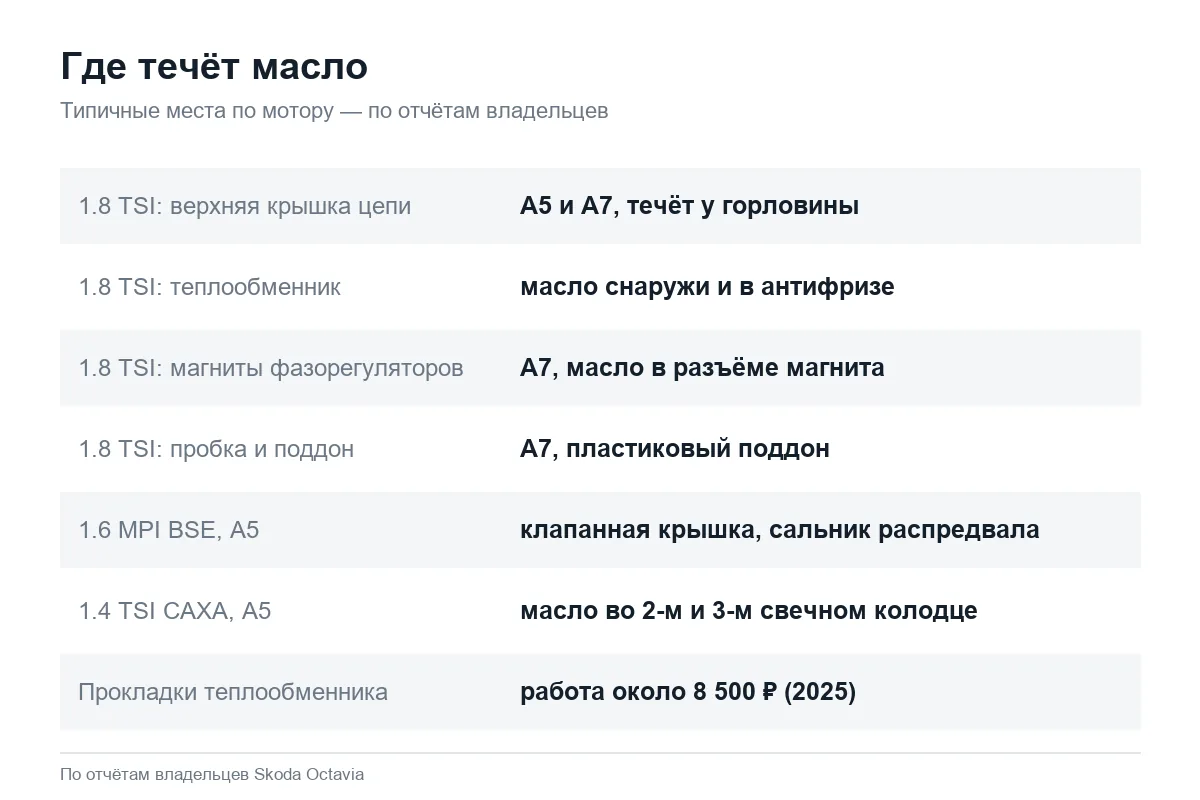 Места течи масла на двигателях Шкода Октавия