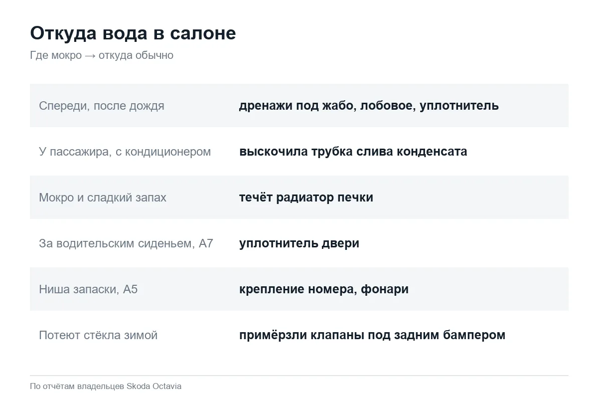 Откуда течёт вода в салон Шкода Октавия