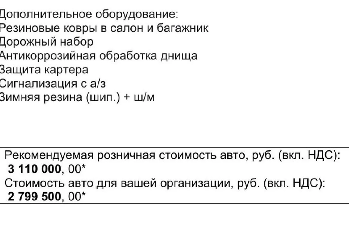 Список допоборудования при покупке
