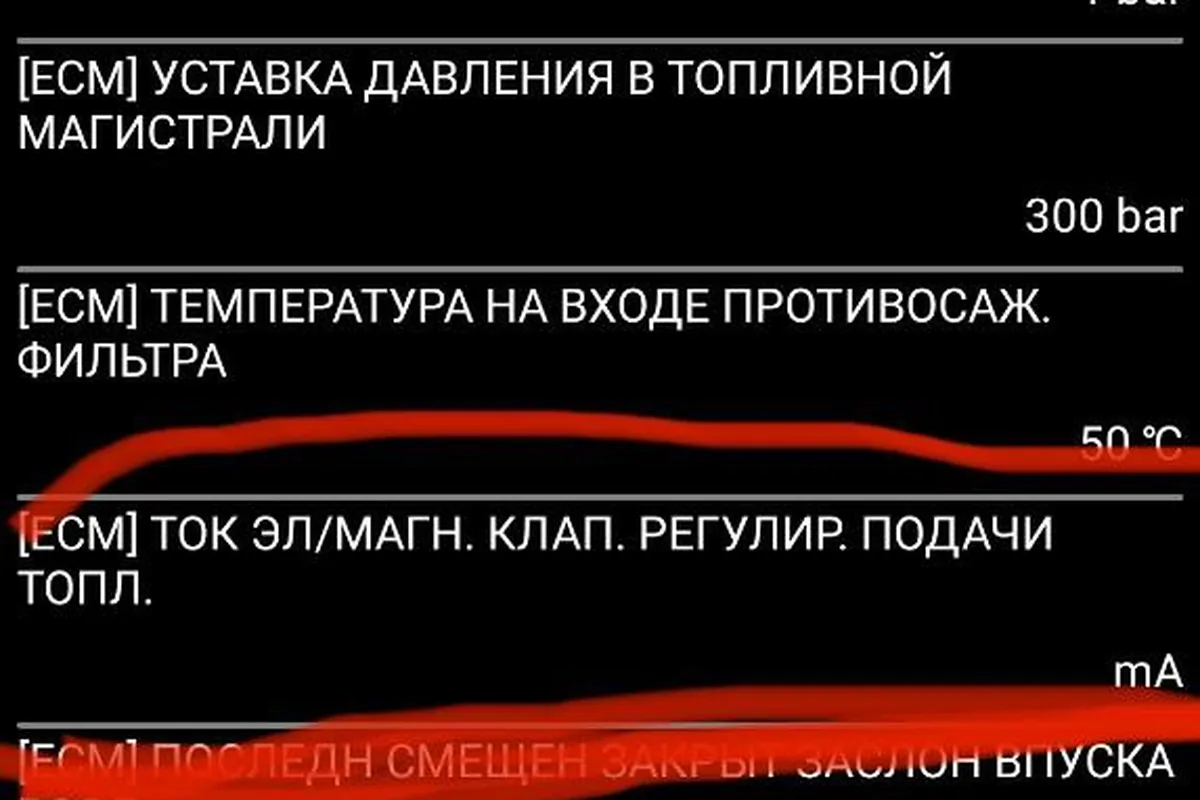 Параметры ТНВД дизельного Renault Duster в Car Scanner при прокрутке