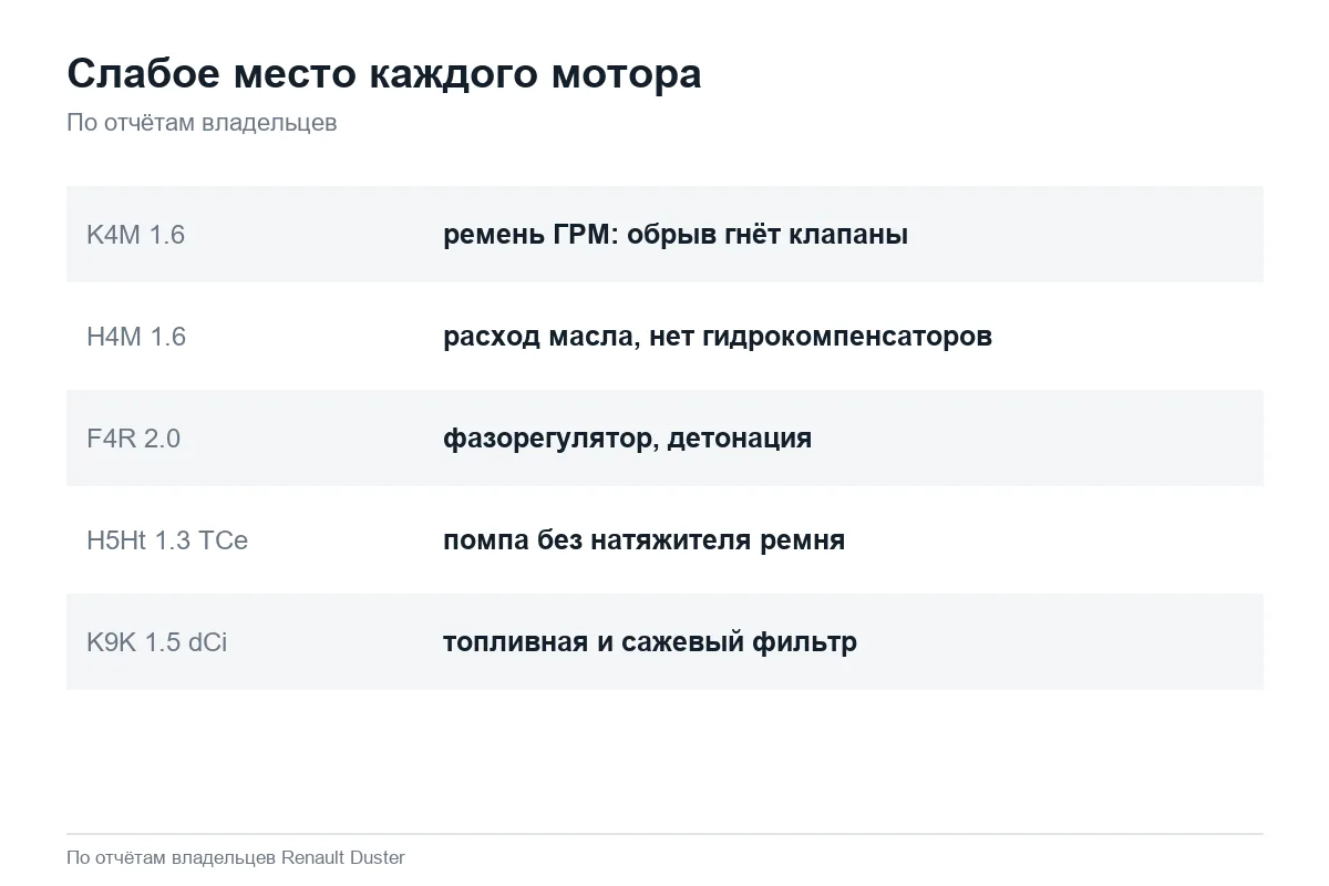 Главные слабые места пяти моторов Renault Duster