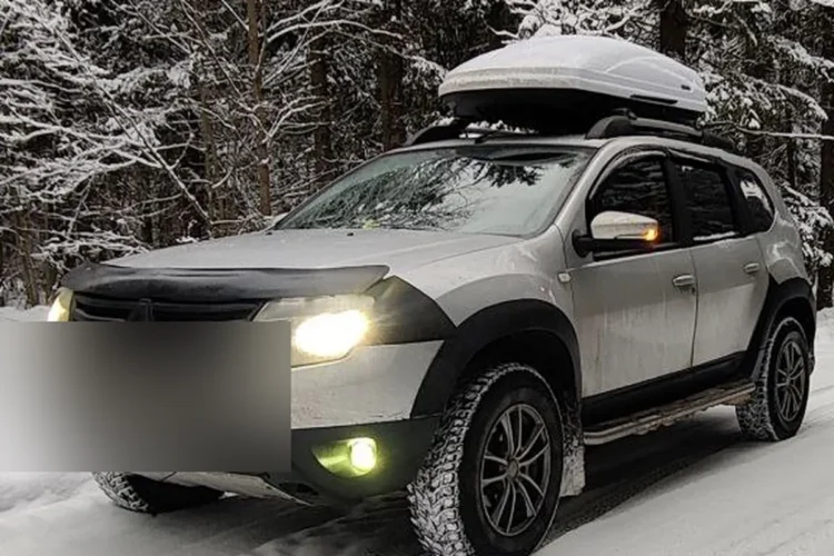 Renault Duster с автобоксом на крыше в зимнем лесу