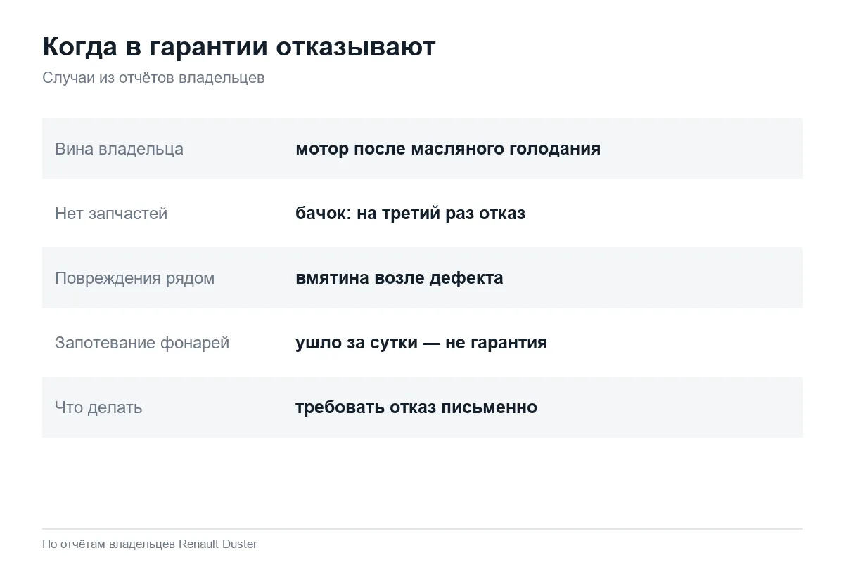 Причины отказа в гарантийном ремонте Renault Duster