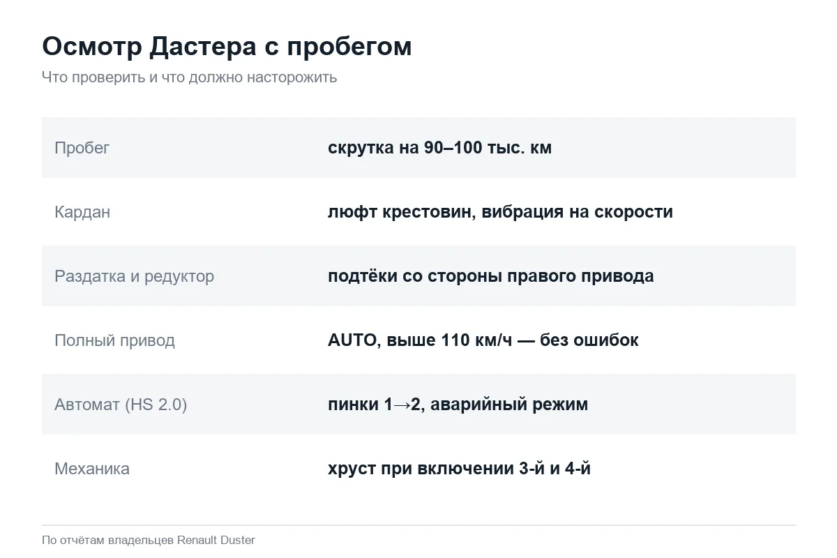 Чек-лист осмотра Renault Duster с пробегом по узлам