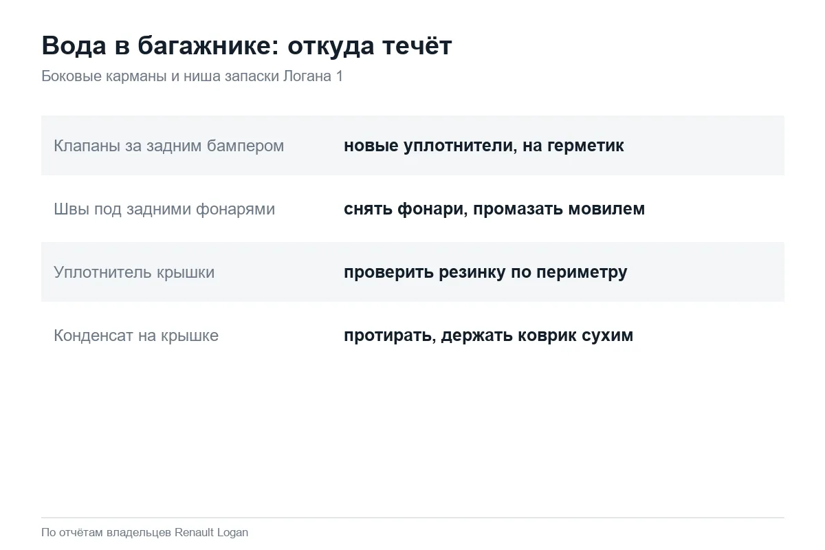 Откуда течёт вода в багажник Рено Логан 1