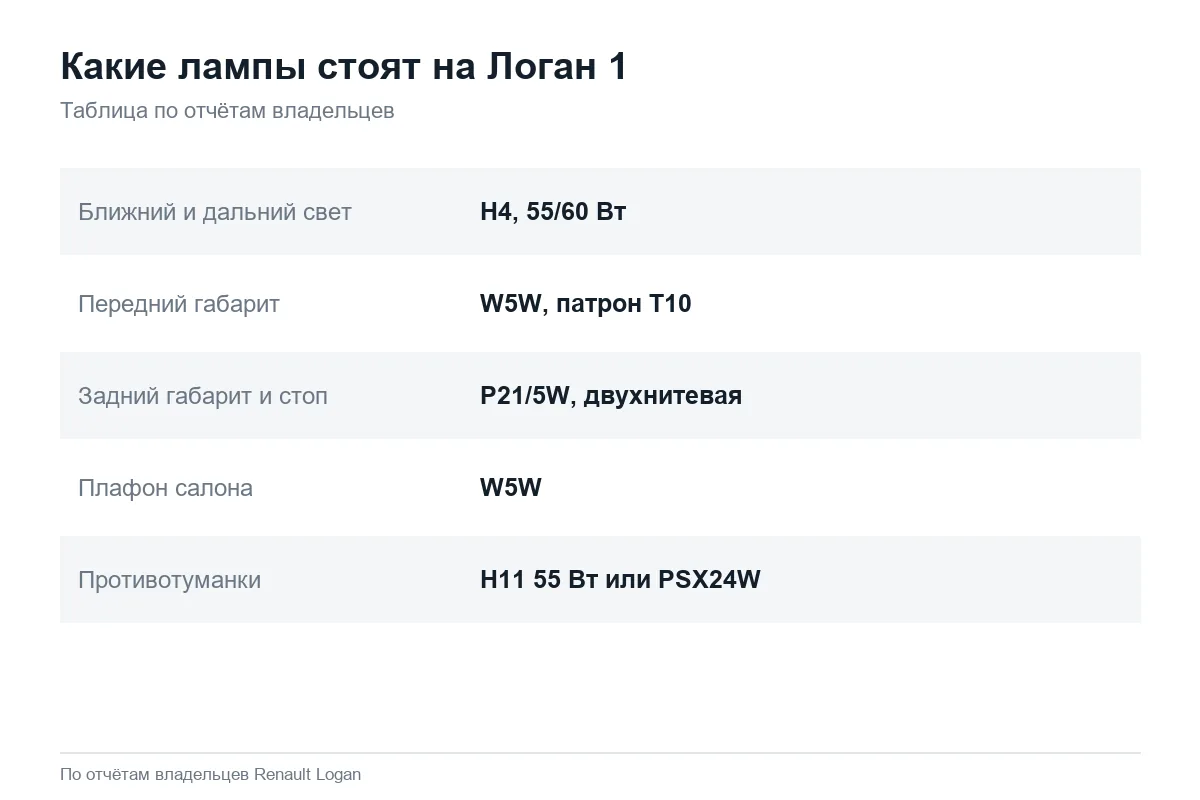 Типы ламп в фарах и фонарях Рено Логан 1
