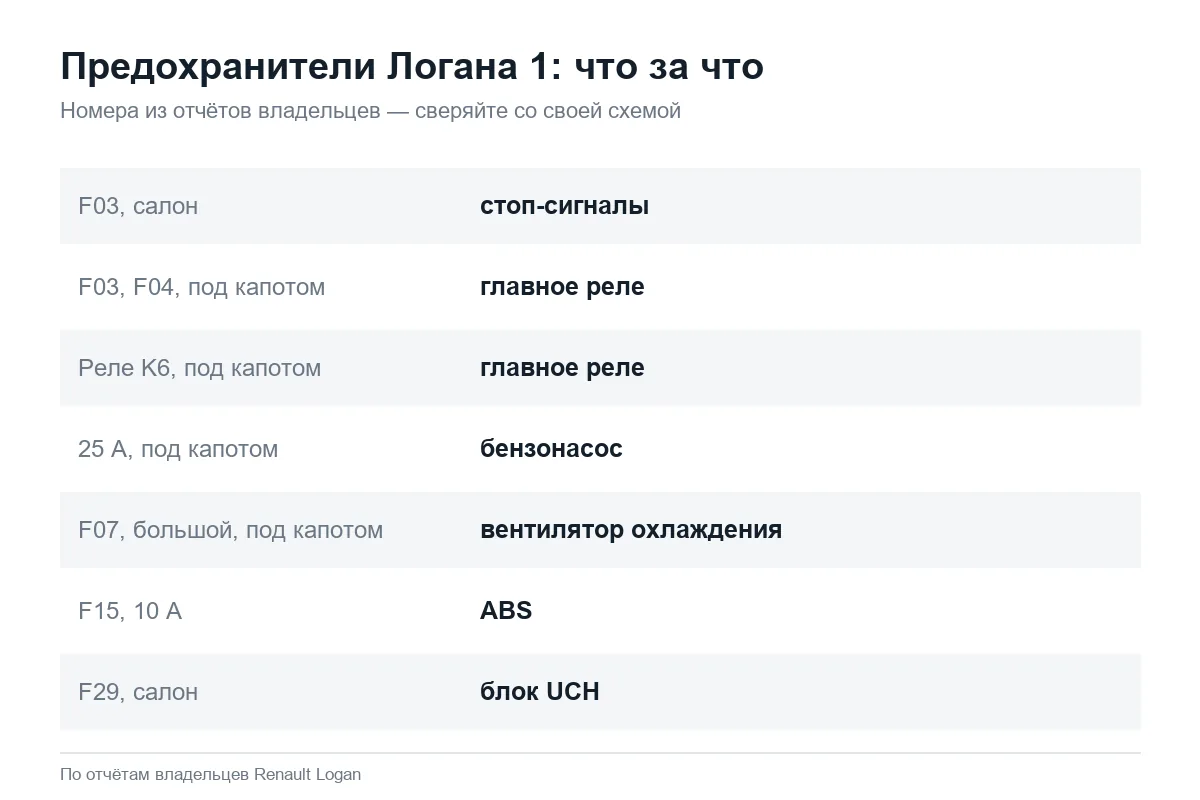 Назначение предохранителей и реле Рено Логан 1