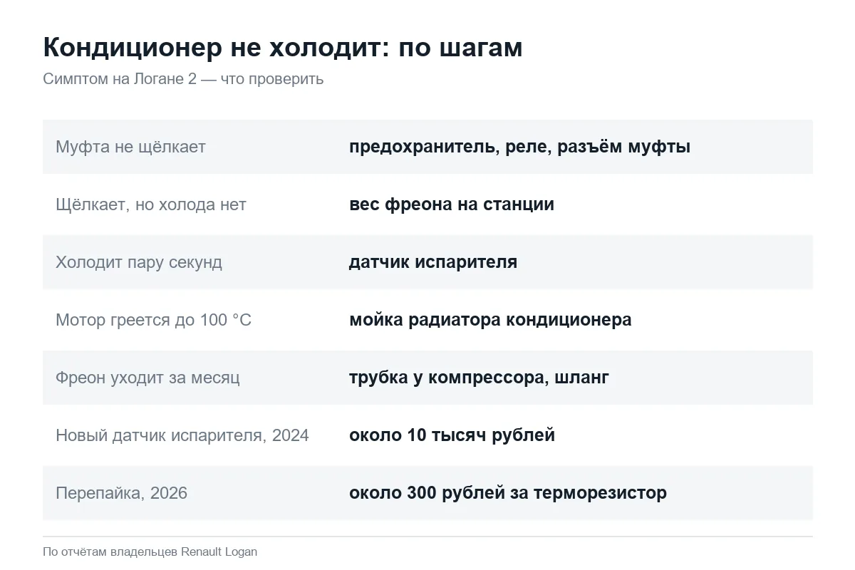 Почему не холодит кондиционер Рено Логан 2 проверка