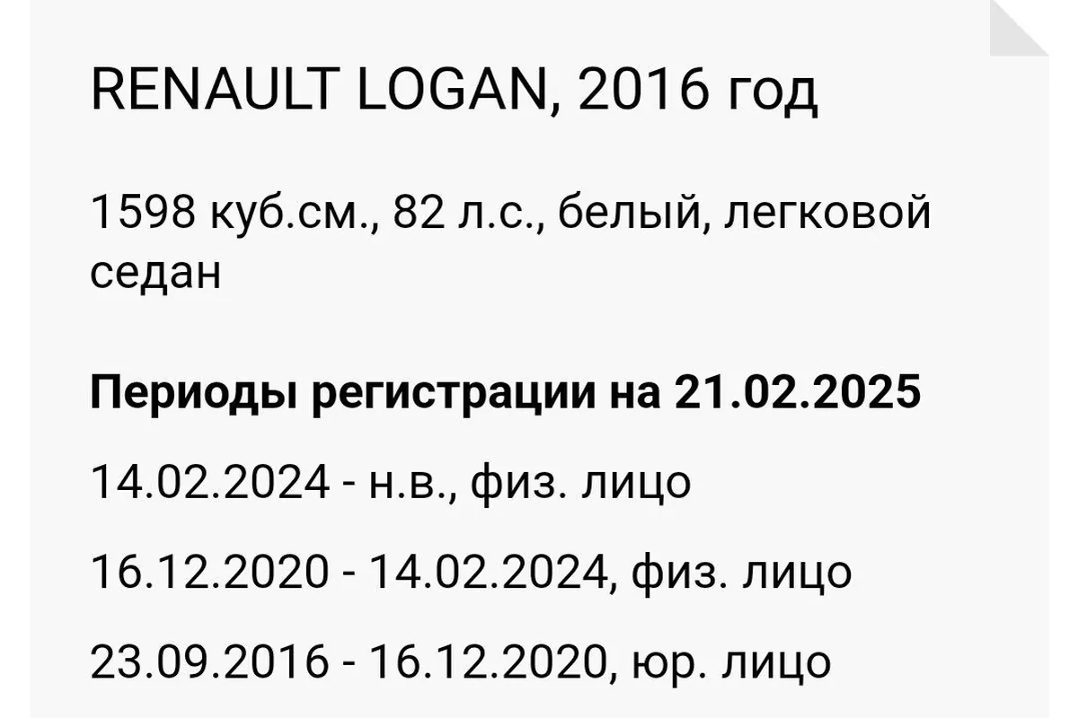 История регистрации Renault Logan 2016 года
