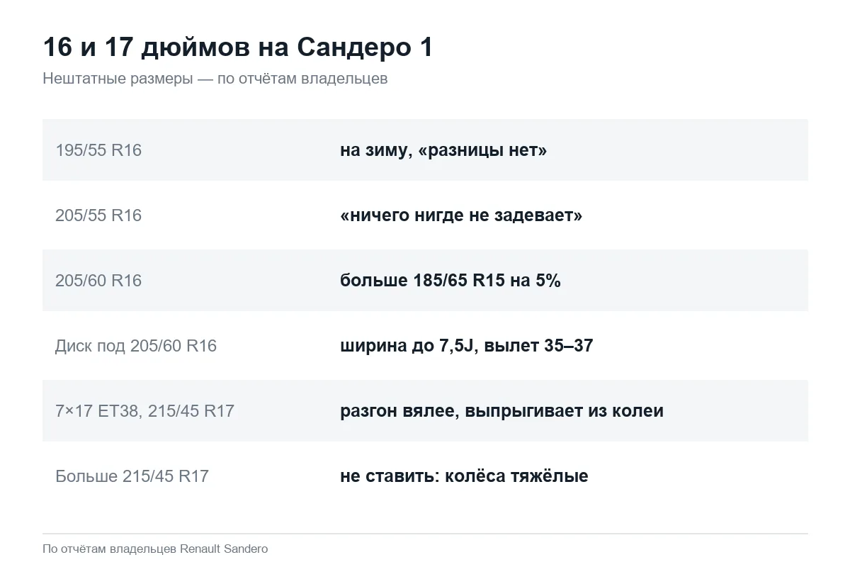 Диски 16 и 17 дюймов на Рено Сандеро 1: опыт владельцев