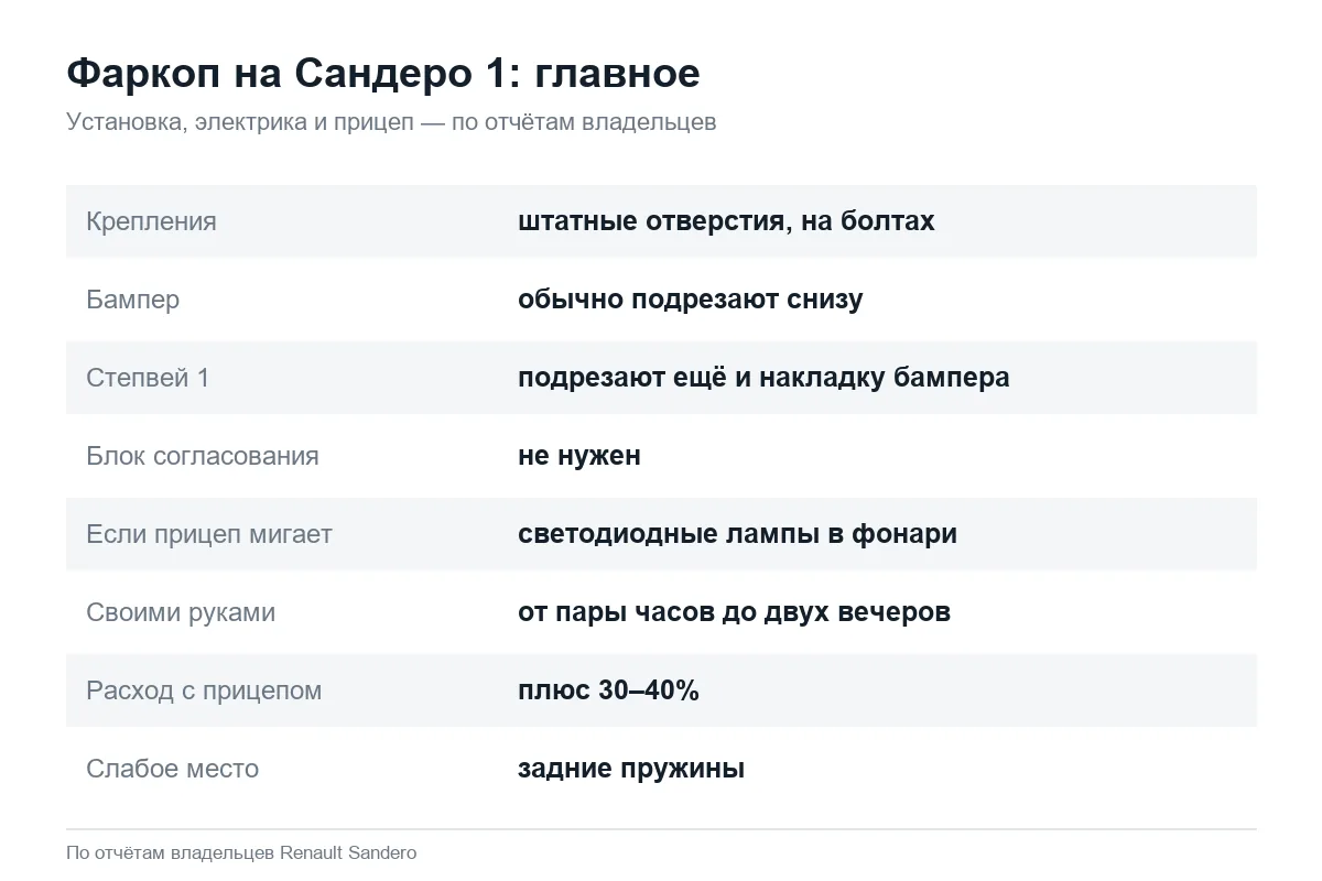 Установка фаркопа на Рено Сандеро 1: крепления, бампер, электрика