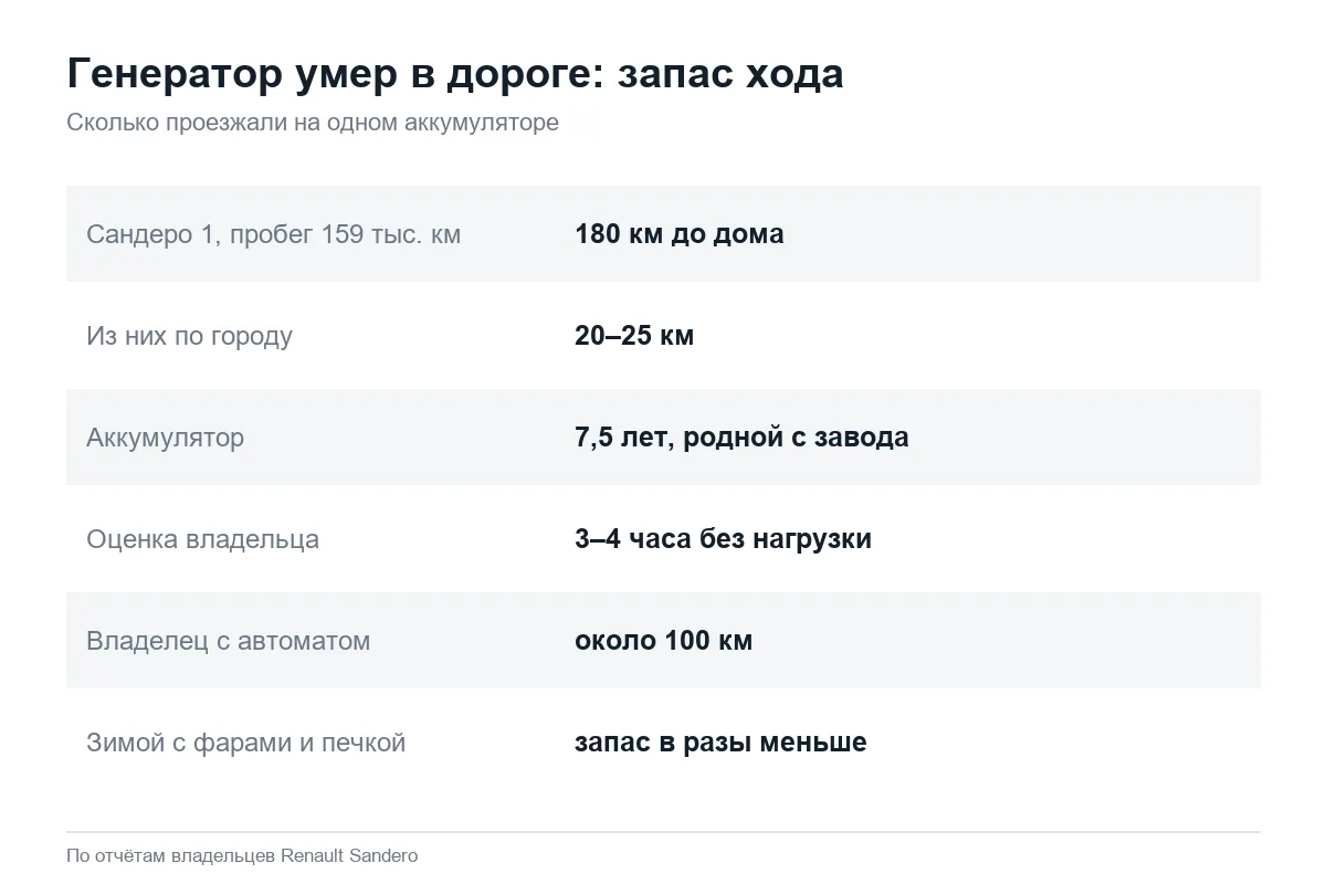 Сколько проедет Рено Сандеро 1 без генератора
