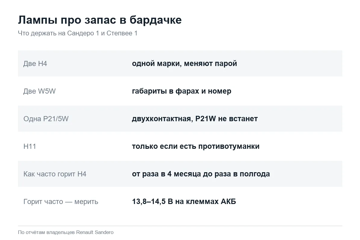 Какие лампы возить про запас на Рено Сандеро 1