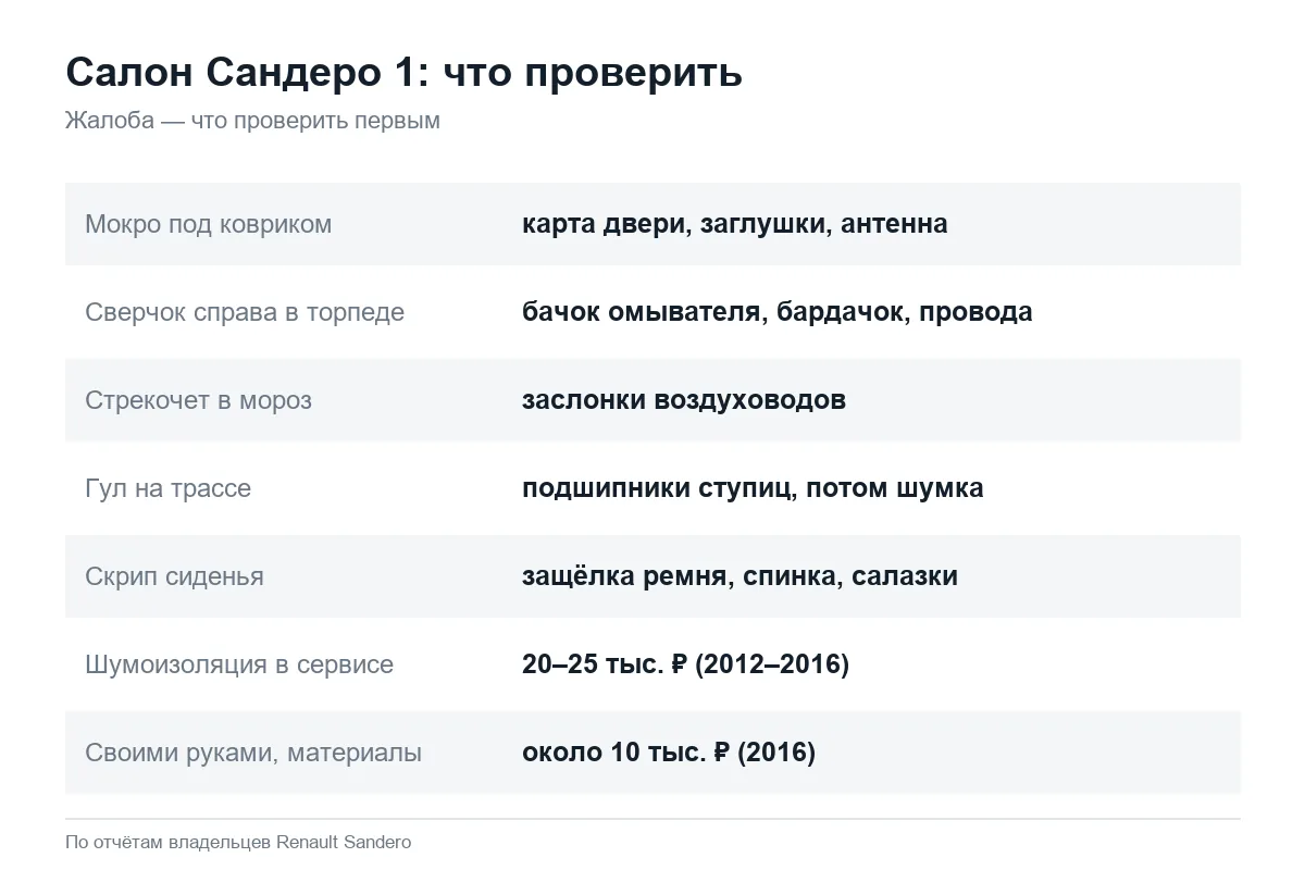 Шум, сверчки и вода в салоне Рено Сандеро 1