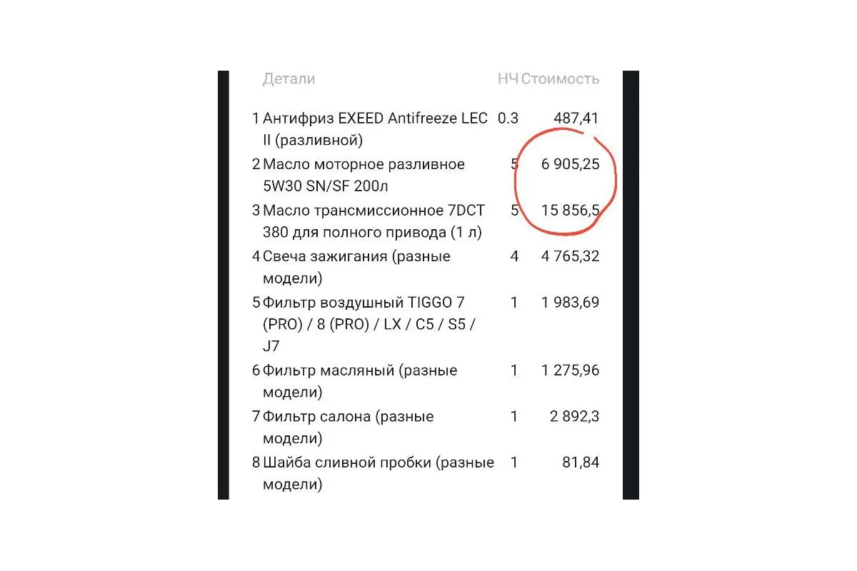 Счёт за свечи зажигания и масла на ТО Exeed LX