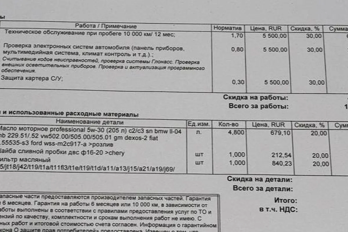 Заказ-наряд ТО-1 на 10 000 км