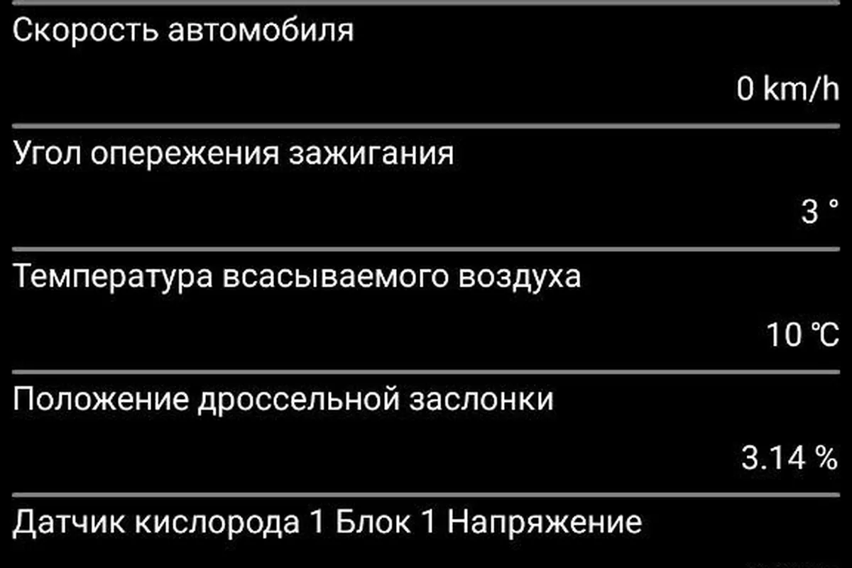 Экран сканера с показаниями датчиков Volkswagen Polo