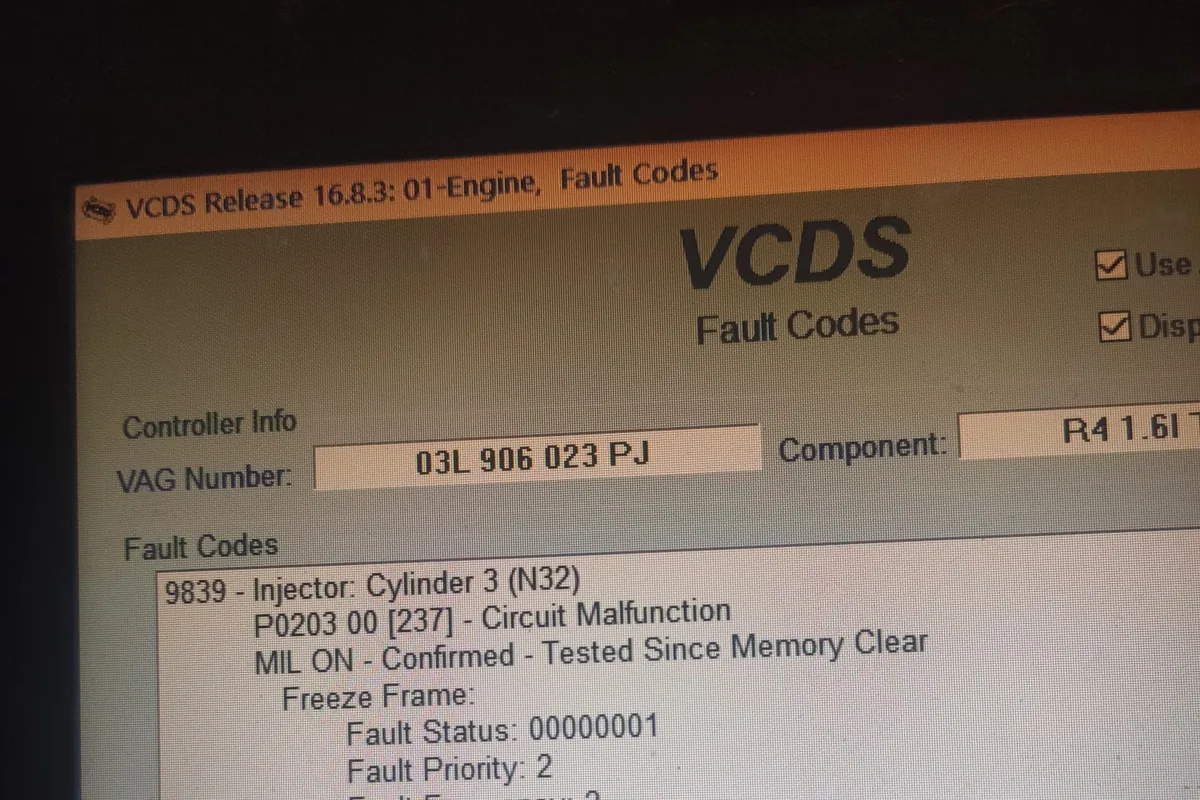 Ошибка VCDS P0203 по форсунке третьего цилиндра Volkswagen Polo