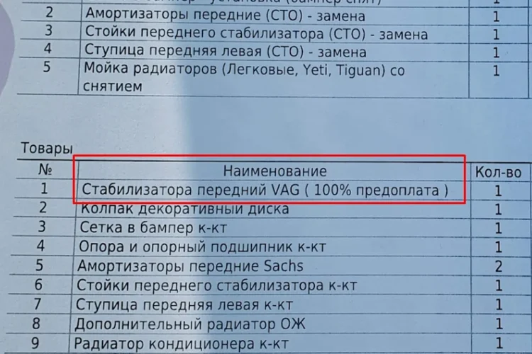Заказ-наряд на ремонт передней подвески Volkswagen Polo