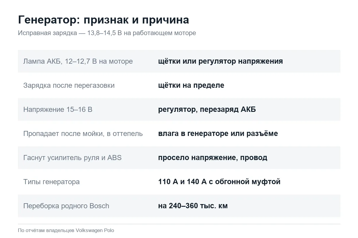 Признаки неисправности генератора Volkswagen Polo седан 1.6