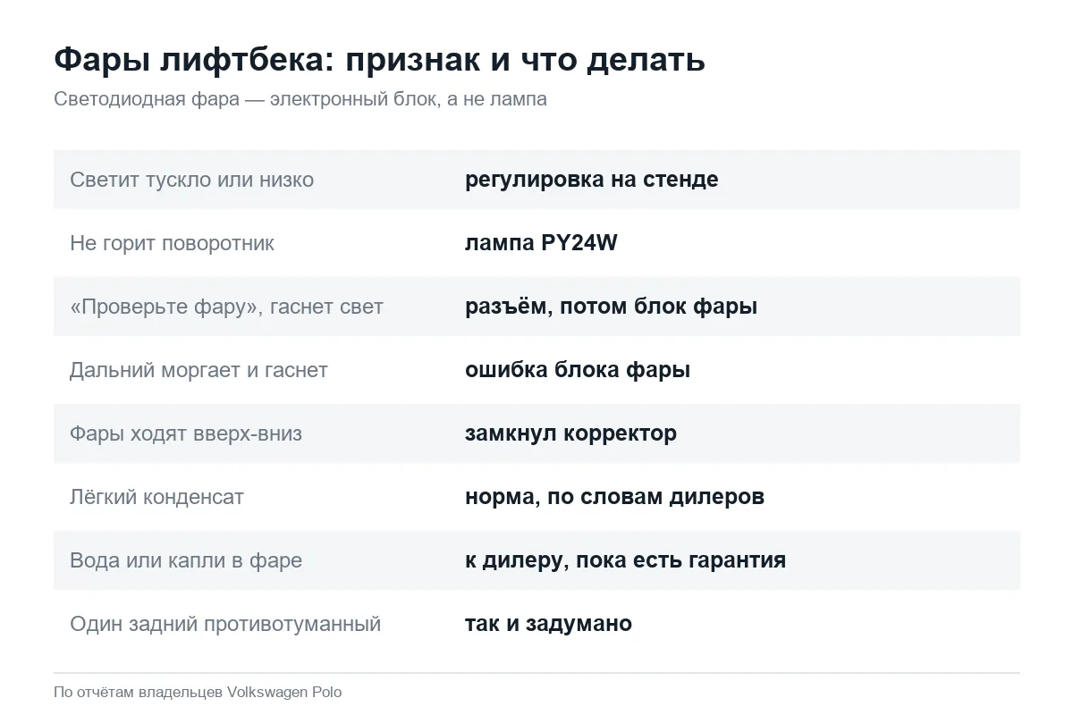 Неисправности светодиодных фар Volkswagen Polo лифтбек