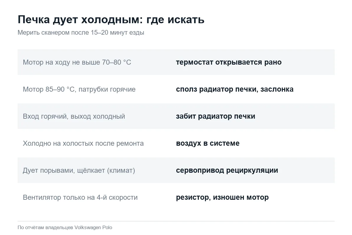 Почему печка Volkswagen Polo седан дует холодным
