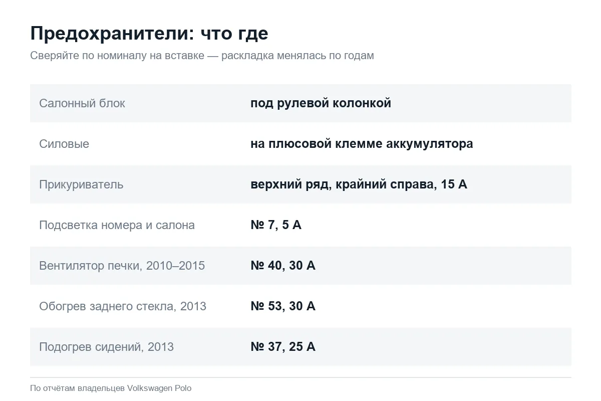 Где предохранители Volkswagen Polo седан и что они питают