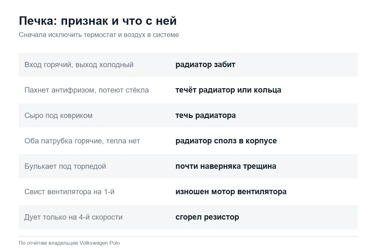 Признаки неисправности печки Volkswagen Polo седан